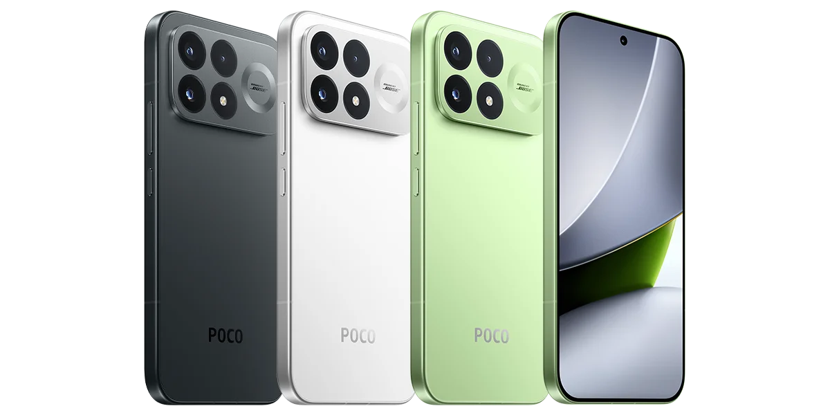POCO F9 Pro в трёх цветах: Black (чёрный), White (белый) и Aurora Green (зелёный)