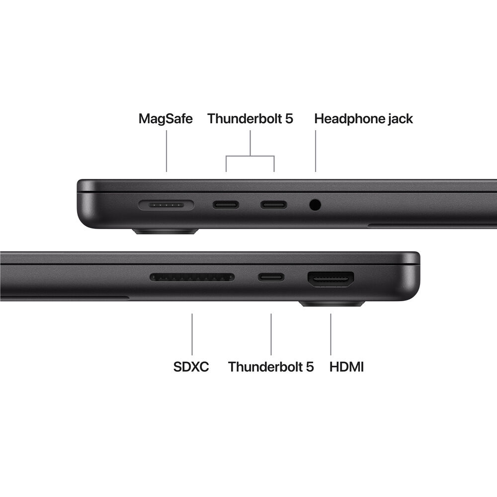 Порты MacBook Pro 14 M5 Pro Space Black: MagSafe 3, три Thunderbolt 5, HDMI, SDXC, 3.5 мм