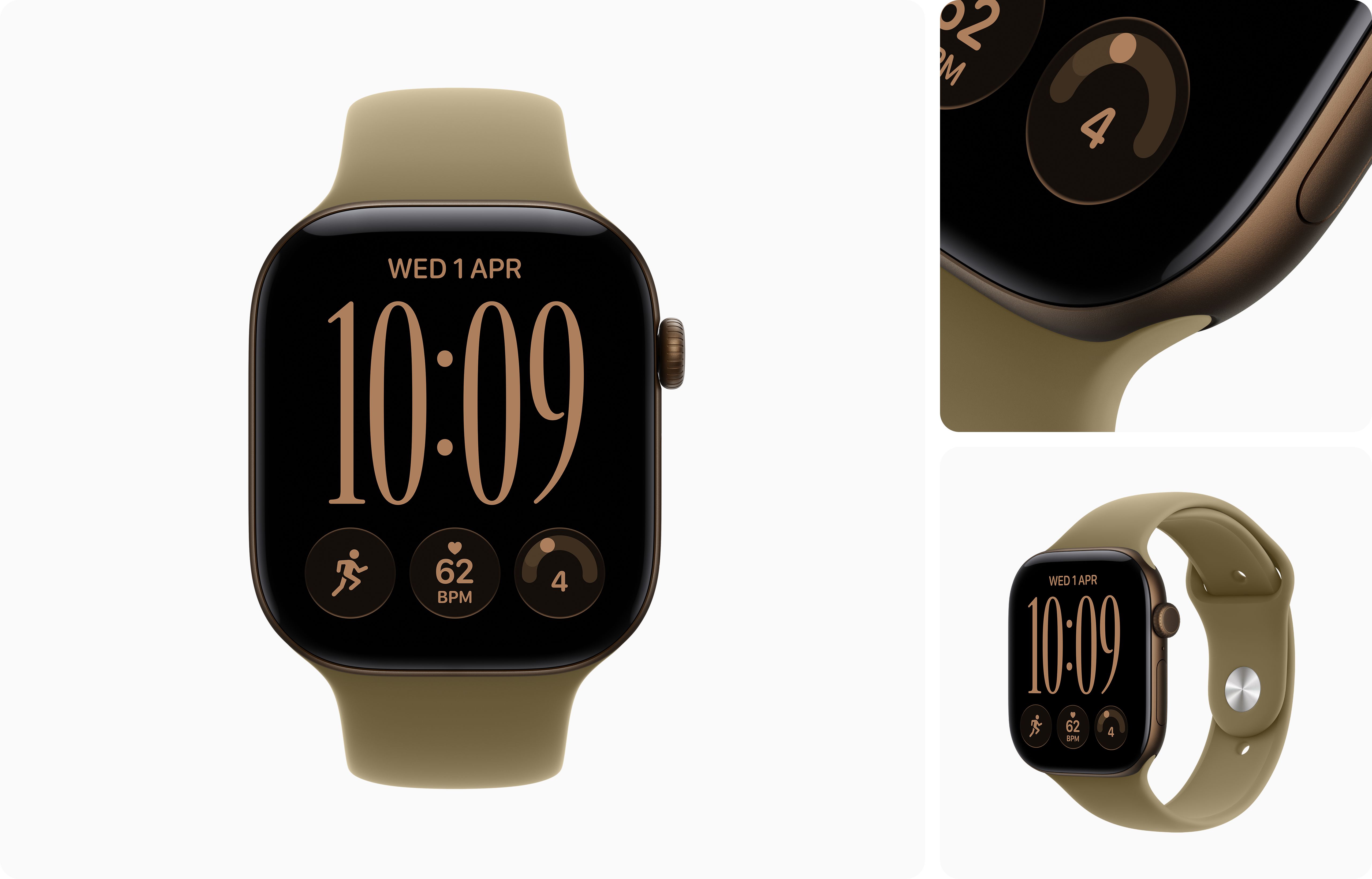 Apple Watch Series 12 Dark Bronze с ремешком Olive Sport Band — вид в носке