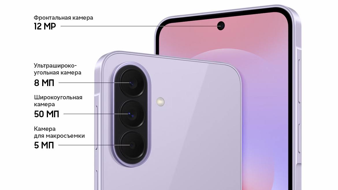 Тройная камера Galaxy A37 5G с основным модулем 50 МП, оптической стабилизацией, ультрашириком 8 МП и макрокамерой 5 МП на стеклянной задней панели