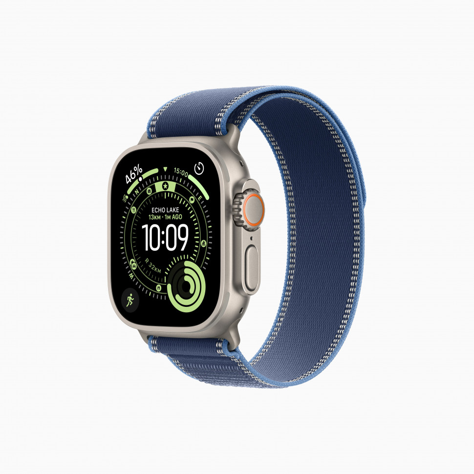 Apple Watch Ultra 3 49mm Natural Titanium Case with Blue/Bright Blue Trail Loop (S/M 130–180mm)