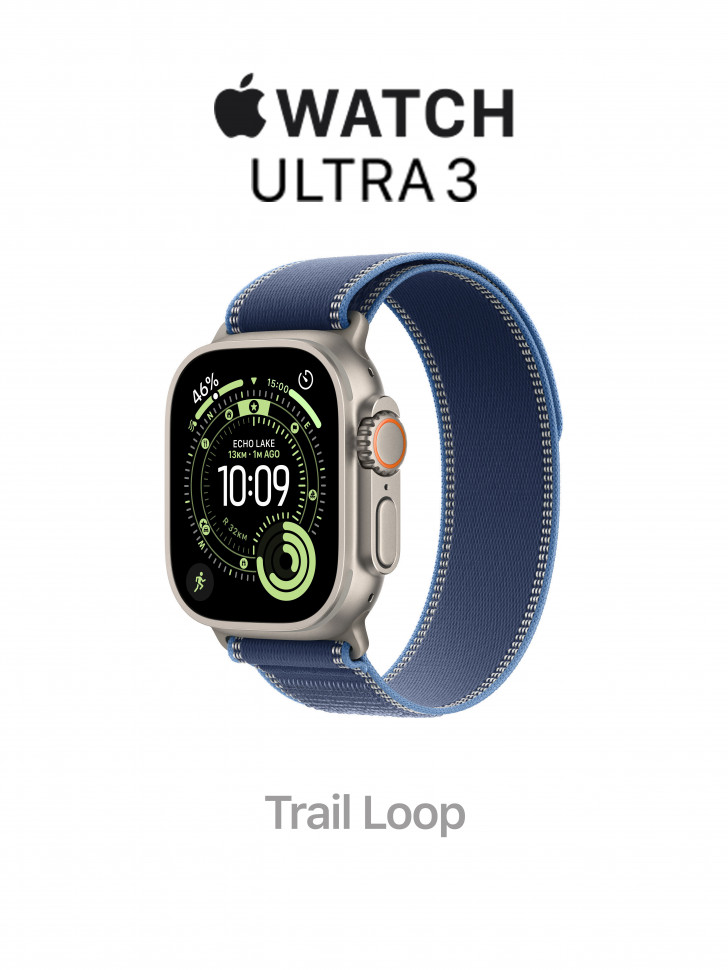 Apple Watch Ultra 3 49mm Natural Titanium Case with Blue/Bright Blue Trail Loop (M/L 145–220mm)