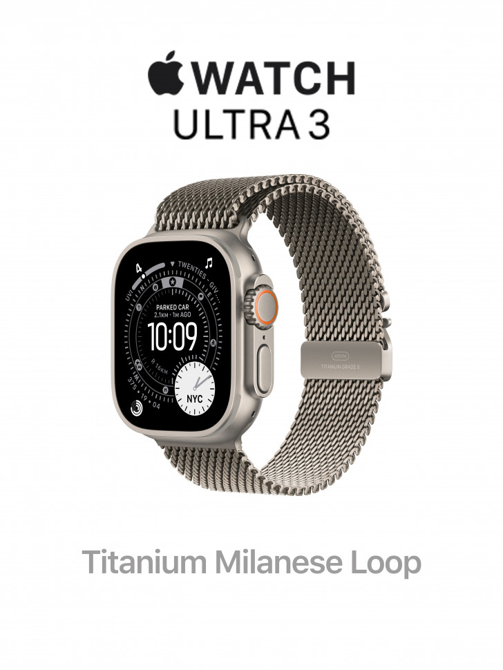 Apple Watch Ultra 3 49mm Natural Titanium Case with Natural Titanium Milanese Loop (Medium 155–185mm)